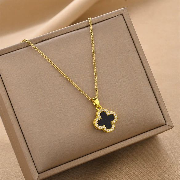 Simple Doublesided Fourleaf Clover Titanium Steel Necklace For Women Electroplated Geometric Design Twisted Chain With Mixed Gem Inlay