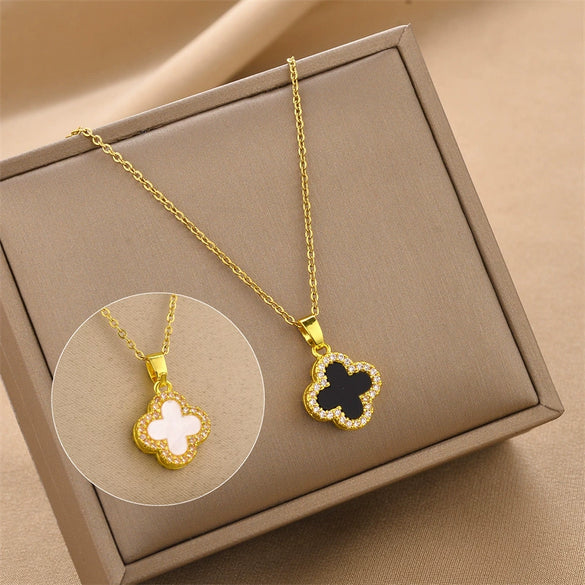 Simple Doublesided Fourleaf Clover Titanium Steel Necklace For Women Electroplated Geometric Design Twisted Chain With Mixed Gem Inlay