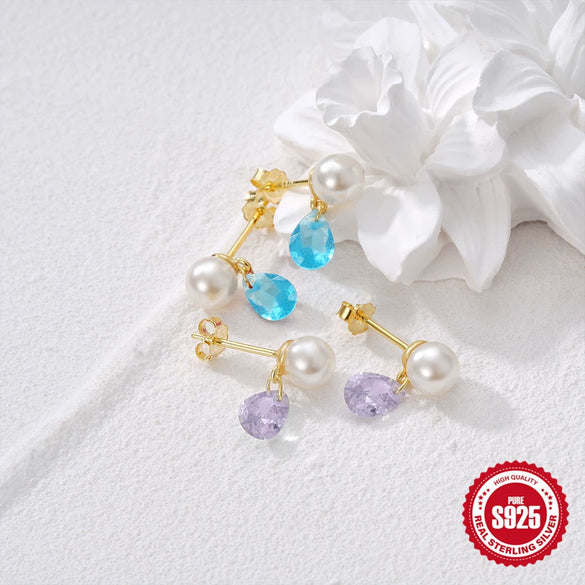 Simple Elegant All Match Women's S925 Sterling Silver Pearl Color Water Drop Geometric Diamond Stud Earrings