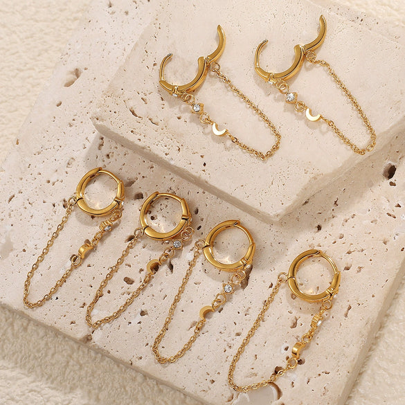 Simple Elegant 316L Stainless Steel Earrings Ear Clip Microinlaid Zircon Geometric Pattern 18K Gold Plated