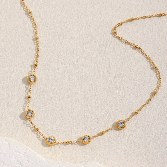 Simple Elegant Versatile Stylish Women's Necklace Stainless Steel 18K Gold Plated With 5 Round Zirconium Clip Bead Chain Geometric Pattern Electroplated
