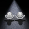 Simple Fan Shaped Pearl Stud Earrings Copper Inlaid Zircon Electroplated Geometric Design Women's Fashion Jewelry Wholesale