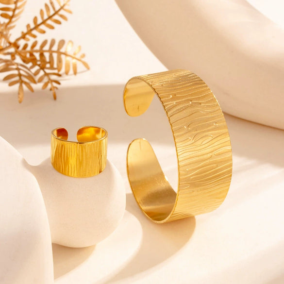 Simple Fashion All Match Smooth Pleated Geometric U Shaped Titanium Steel Opening Adjustable Bracelet With Electroplating