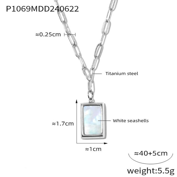 Simple Fashion All Match Square Pendant Necklace With White Sea Shells Titanium Steel Plated 18K True Gold Geometric Design