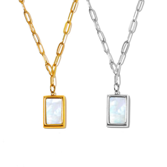 Simple Fashion All Match Square Pendant Necklace With White Sea Shells Titanium Steel Plated 18K True Gold Geometric Design