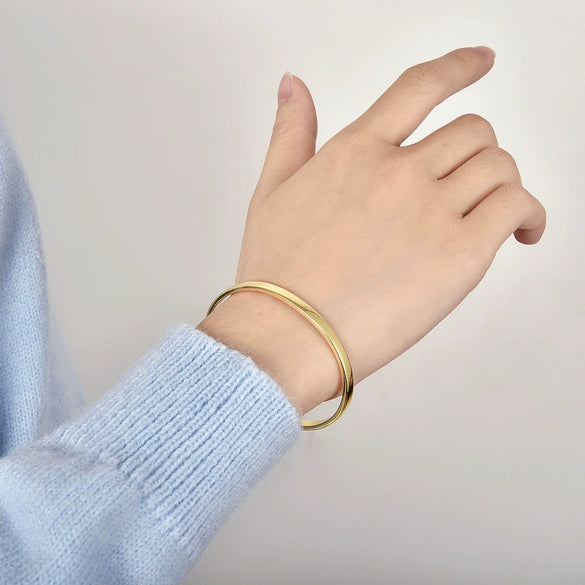 Simple Fashion Copper Bracelet With Real Gold Plated Smooth Arc Open Cuff Geometric Style For Women