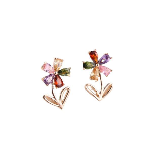 Simple Fashion Copper Five Petal Flower Earrings With Shiny Zircon Style Sweet Cute Eye Catching Floral Earrings