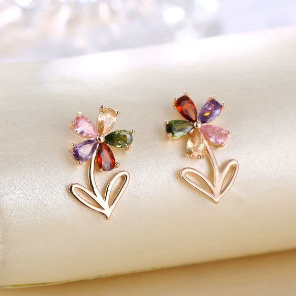 Simple Fashion Copper Five Petal Flower Earrings With Shiny Zircon Style Sweet Cute Eye Catching Floral Earrings