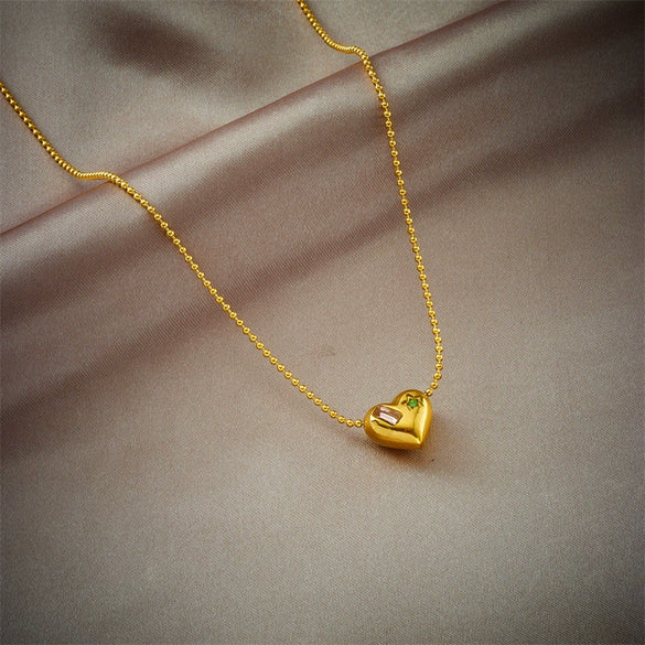 Simple Fashion Glossy 3D Love Heart Shape Pendant Bead Chain Necklace In Titanium Steel With Electroplating
