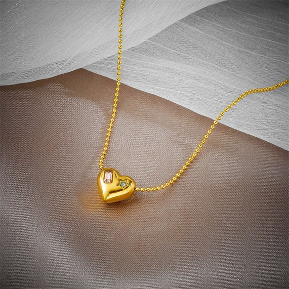 Simple Fashion Glossy 3D Love Heart Shape Pendant Bead Chain Necklace In Titanium Steel With Electroplating