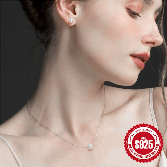 Simple Fashion Ins Style S925 Sterling Silver Pearl Stud Earrings Necklace Set With O Chain And Zircon Pendant Electroplated