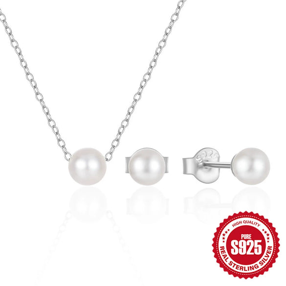 Simple Fashion Ins Style S925 Sterling Silver Pearl Stud Earrings Necklace Set With O Chain And Zircon Pendant Electroplated