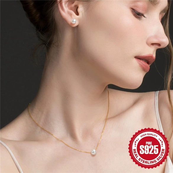 Simple Fashion Ins Style S925 Sterling Silver Pearl Stud Earrings Necklace Set With O Chain And Zircon Pendant Electroplated