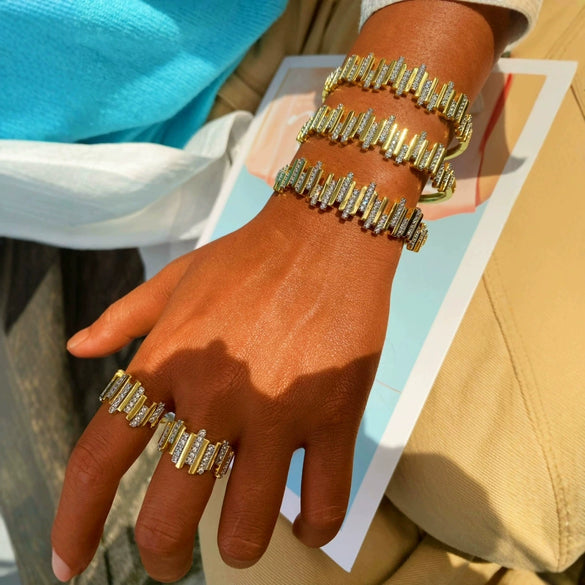 Simple Fashion Microinlaid Zirconium Copper Geometric Open Ring Bracelet Set For Women With Electroplating