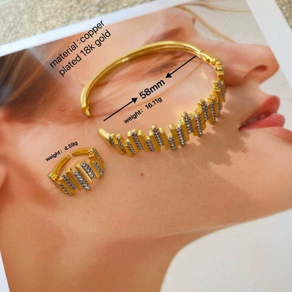 Simple Fashion Microinlaid Zirconium Copper Geometric Open Ring Bracelet Set For Women With Electroplating