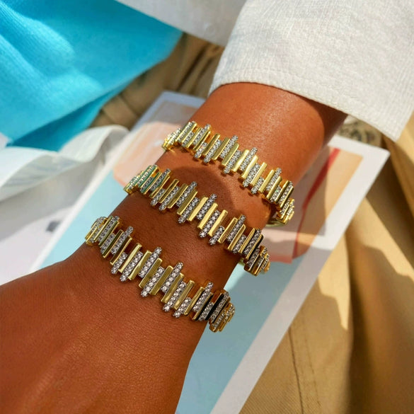 Simple Fashion Microinlaid Zirconium Copper Geometric Open Ring Bracelet Set For Women With Electroplating