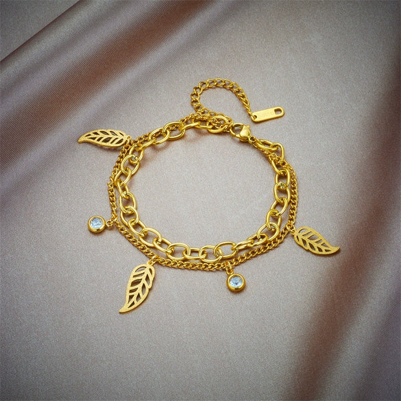Simple Fashion Niche Double Layer Stacked Chain Leaf Diamond Pendant Titanium Steel Bracelet With Electroplating