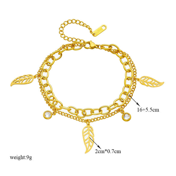 Simple Fashion Niche Double Layer Stacked Chain Leaf Diamond Pendant Titanium Steel Bracelet With Electroplating