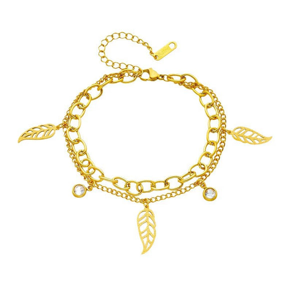 Simple Fashion Niche Double Layer Stacked Chain Leaf Diamond Pendant Titanium Steel Bracelet With Electroplating
