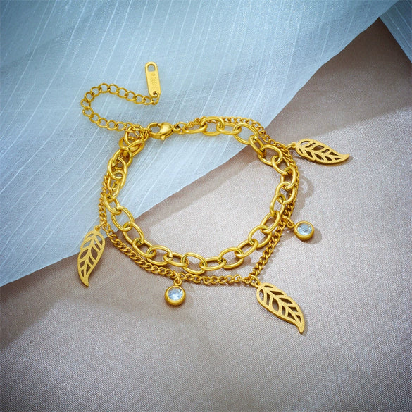 Simple Fashion Niche Double Layer Stacked Chain Leaf Diamond Pendant Titanium Steel Bracelet With Electroplating