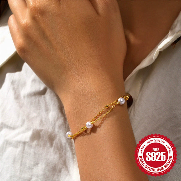 Simple Fashion S925 Sterling Silver Beaded Stacked Double Layer Gold Beaded Pearl Adjustable Women's Geometric Designed Bracelet