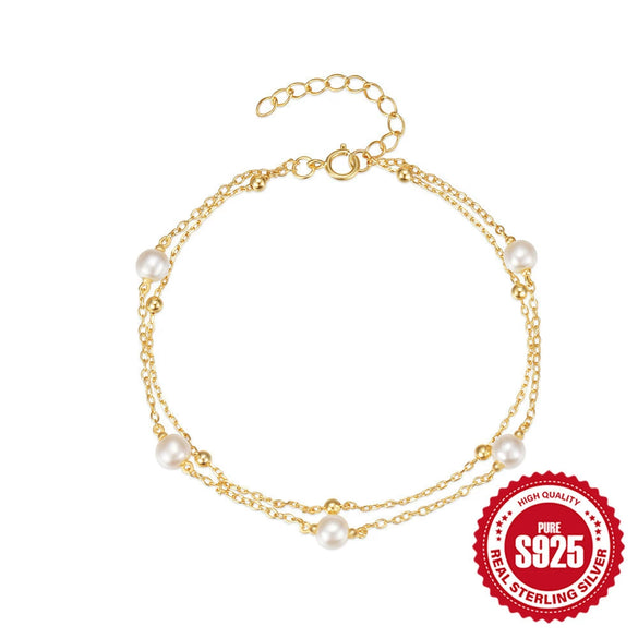 Simple Fashion S925 Sterling Silver Beaded Stacked Double Layer Gold Beaded Pearl Adjustable Women's Geometric Designed Bracelet