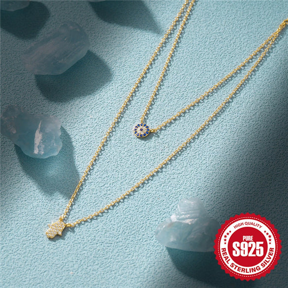 Simple Fashion S925 Sterling Silver Stacked Double Layer Devil's Eye Ochain Clavicle Necklace With Inlaid Zircon And Geometric Design