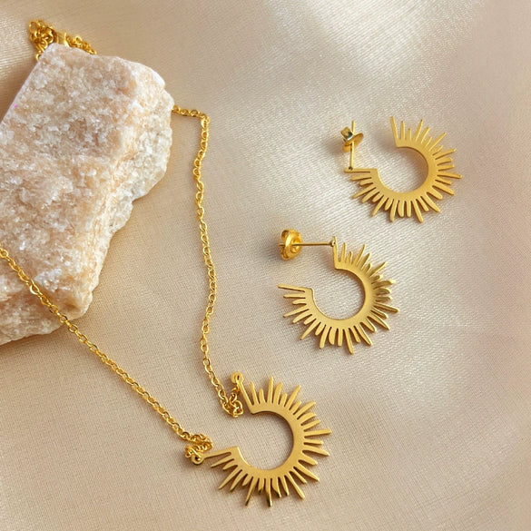 Simple Fashion Sunflower U Shape Stainless Steel Necklace Earrings With Retro Design And 18K Gold Plated Electroplating