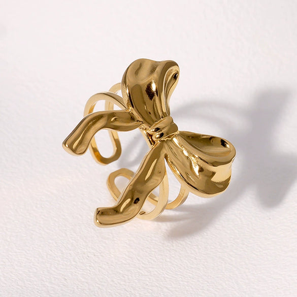 Simple Fashion Sweet Bow Stainless Steel Ring For Women With Electroplating Treatment Open Finger Design