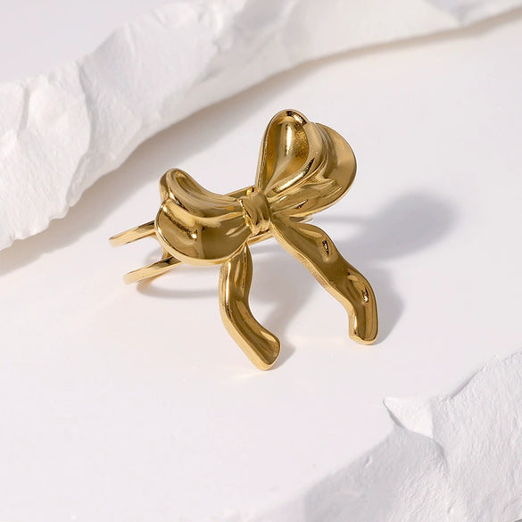 Simple Fashion Sweet Bow Stainless Steel Ring For Women With Electroplating Treatment Open Finger Design