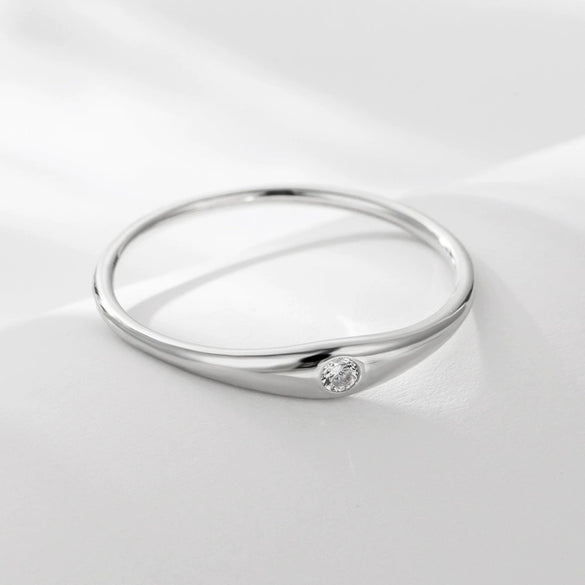 Simple Fashion Women's Ring S925 Sterling Silver Plain With Single Diamond Geometric Design