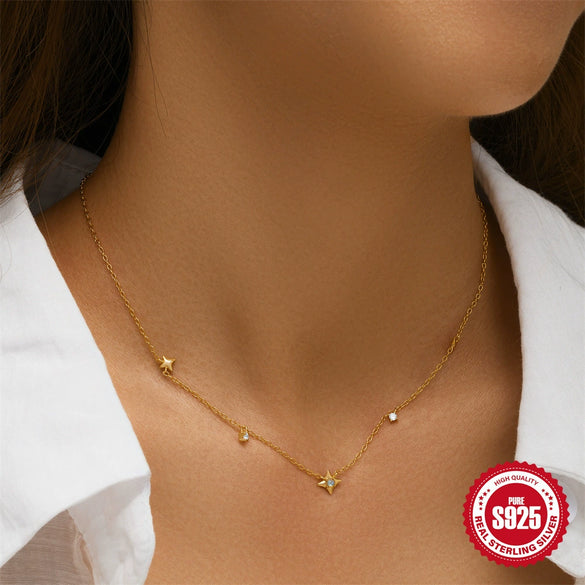 Simple Fashionable S925 Sterling Silver Stacked Four Mans Star Geometric Clavicle Necklace With Zircon