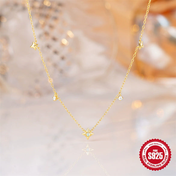 Simple Fashionable S925 Sterling Silver Stacked Four Mans Star Geometric Clavicle Necklace With Zircon