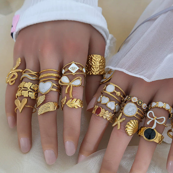Simple Fashionable Stainless Steel And Titanium Steel Leaf And Flower Ring With Real Gold Plating For Women Geometric And U Shaped Design Unisex Style