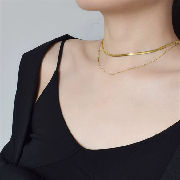 Simple Fashionable Unisex Alloy Double Layer Snake Bone Bead Clavicle Necklace Geometric Pendant Electroplated Cross Chain Jewelry