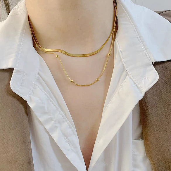Simple Fashionable Unisex Alloy Double Layer Snake Bone Bead Clavicle Necklace Geometric Pendant Electroplated Cross Chain Jewelry