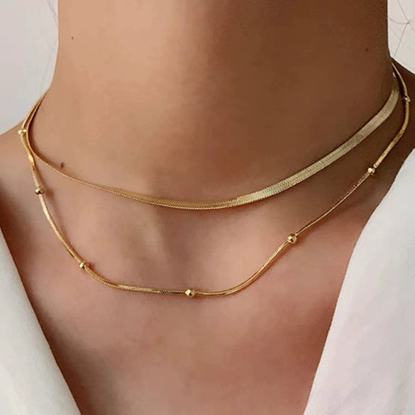 Simple Fashionable Unisex Alloy Double Layer Snake Bone Bead Clavicle Necklace Geometric Pendant Electroplated Cross Chain Jewelry