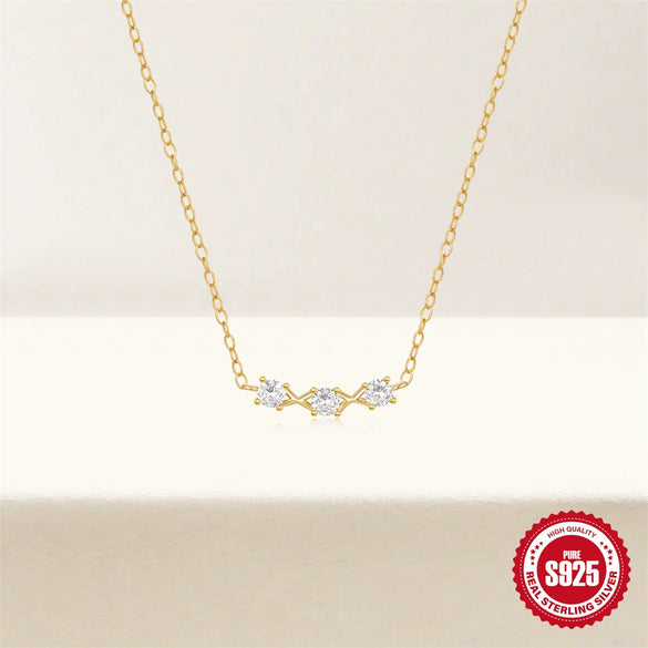Simple Fashionable Unisex S925 Sterling Silver Double Layer Three Row Drill Stacked Clavicle Necklace With Geometric Design And Zircon Treatment