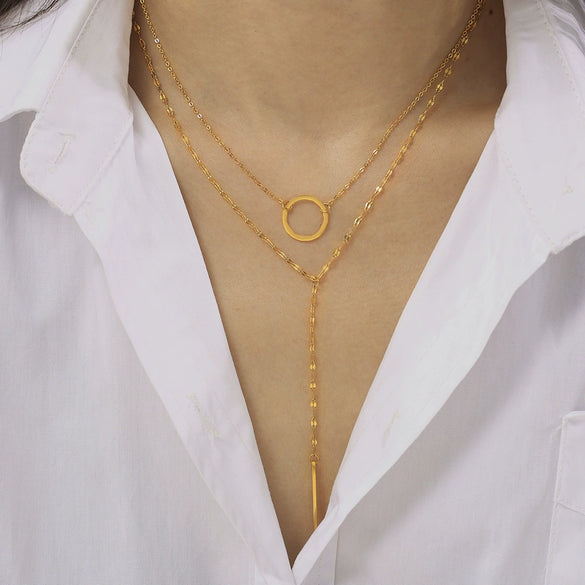 Simple Geometric Element Yshaped Tassel Ring Pendant Stackable Cold Style Titanium Steel Goldplated Neck Chain For Women