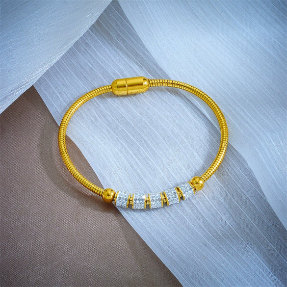 Simple Geometric Full Diamond Spacer Beaded Titanium Steel Magnet Buckle Heavy Metal Jewelry Bracelet With Electroplating