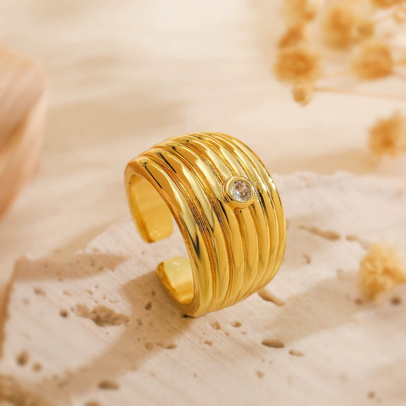 Simple Geometric Opening Ring For Women Copper 18K Gold Plated Zircon