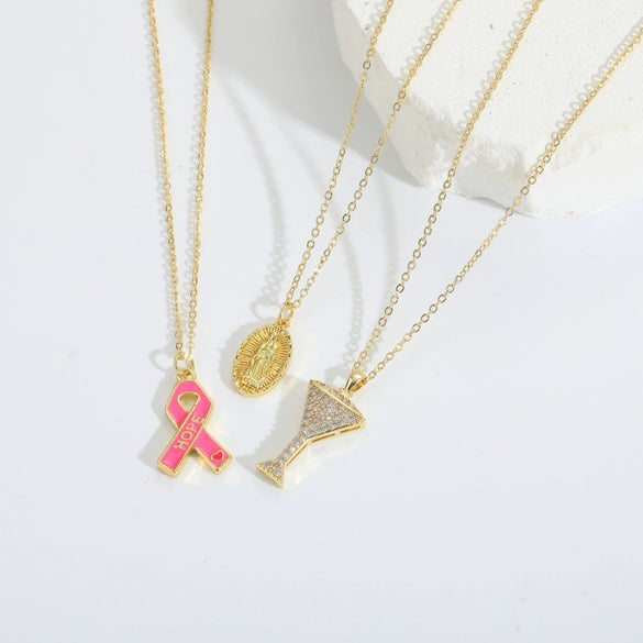Simple Geometric Pattern Copper Mixed Gemstone Setting Electroplated Pendant Necklace For Women