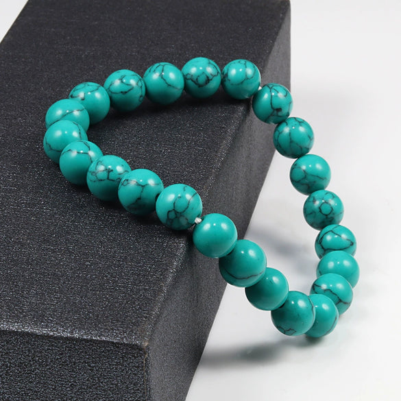 Simple Geometric Stone Elastic Beaded Bracelet With Polished Turquoise Look Beads Unisex Yoga Hand Bracelet
