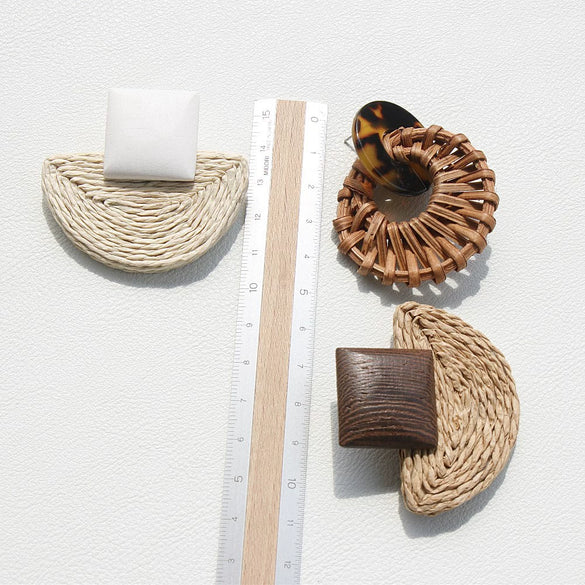 Simple Geometric Straw Bamboo Rattan Earrings With Wood And Leopard Print Acrylic Handcrafted Epoxy Dangle Earrings For Girls