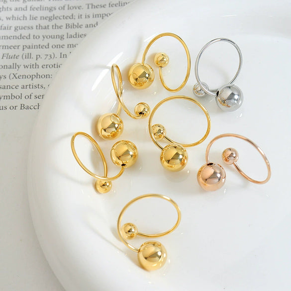 Simple Geometric Titanium Steel Open Ring With Steel Ball Design And Electroplated Finish For Women