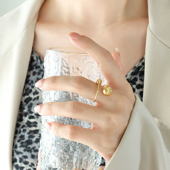 Simple Geometric Titanium Steel Open Ring With Steel Ball Design And Electroplated Finish For Women
