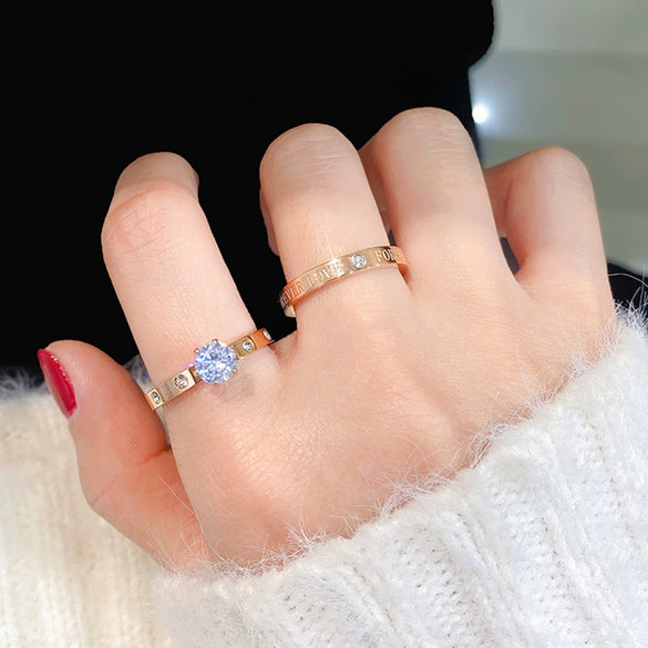 Simple Geometric Titanium Steel Zircon Ring For Women Rose Gold Electroplated Fashion Index Finger Jewelry