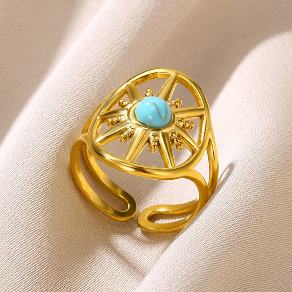 Simple Geometric Turquoise Inlaid Stainless Steel Open Ring Electroplated Unisex Women