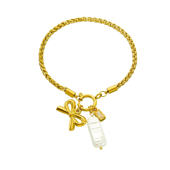 Simple Gold Plated Twist Chain Bow Shell Pendant Stainless Steel Bracelet For Women