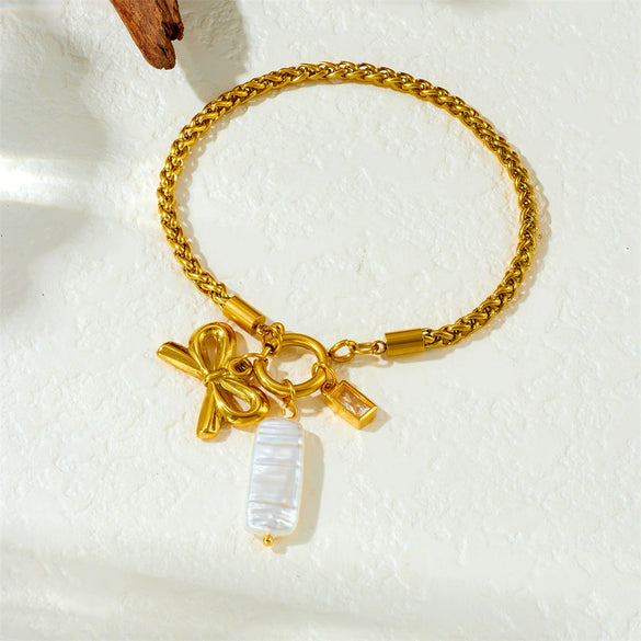 Simple Gold Plated Twist Chain Bow Shell Pendant Stainless Steel Bracelet For Women